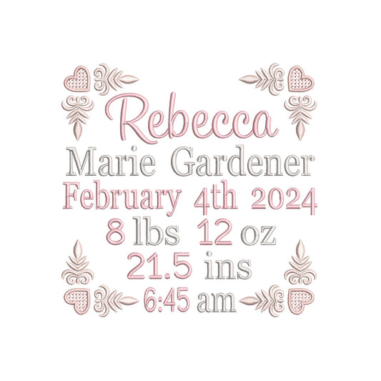 Baby birth announcement machine embroidery design by rosiedayembroidery.com