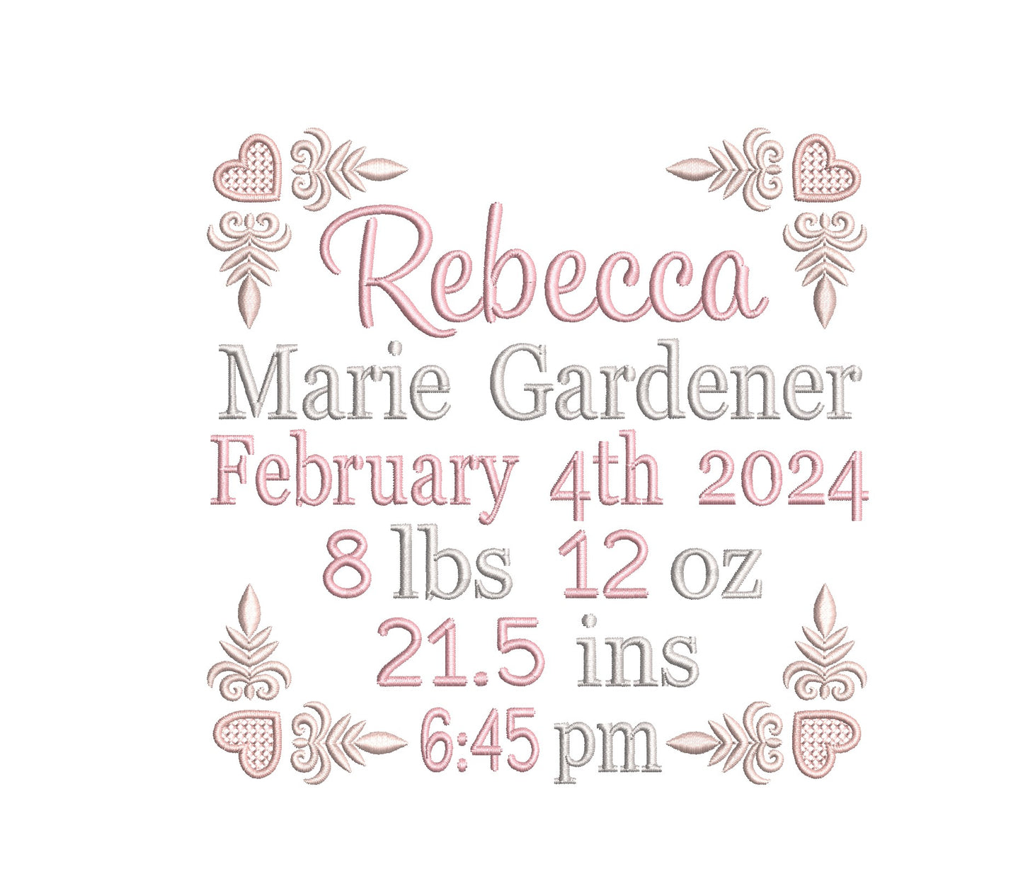 Baby birth announcement machine embroidery design by rosiedayembroidery.com