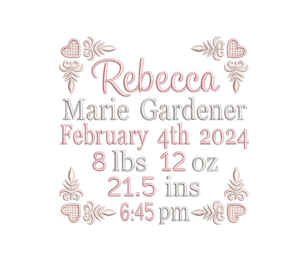 Baby birth announcement machine embroidery design by rosiedayembroidery.com