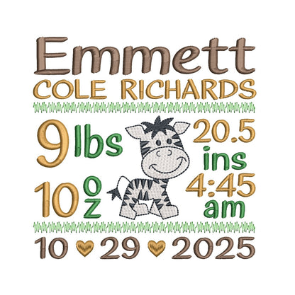 Baby birth announcement with zebra illustration and personalized details on a white background
