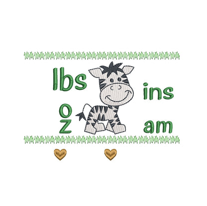 Zebra design with measurement text and hearts on a white background