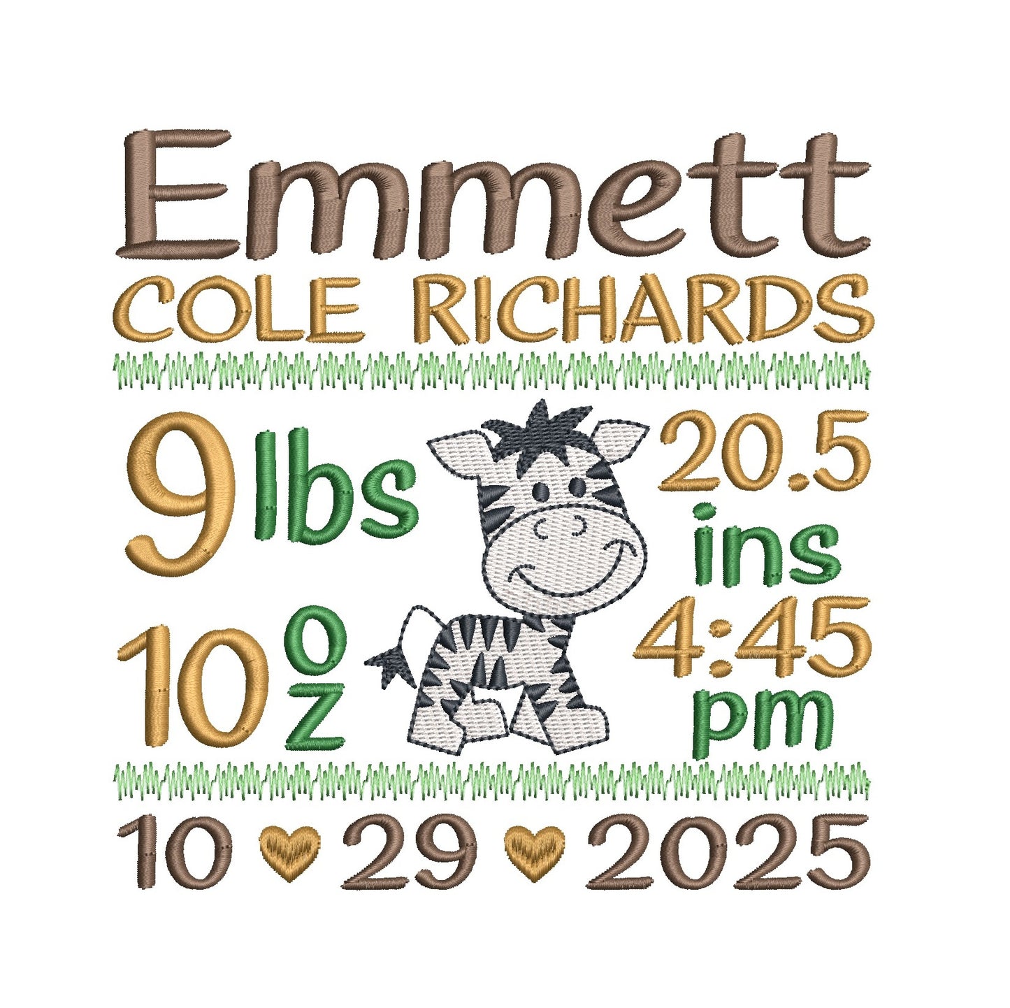 Baby birth announcement design with zebra illustration and text on a white background