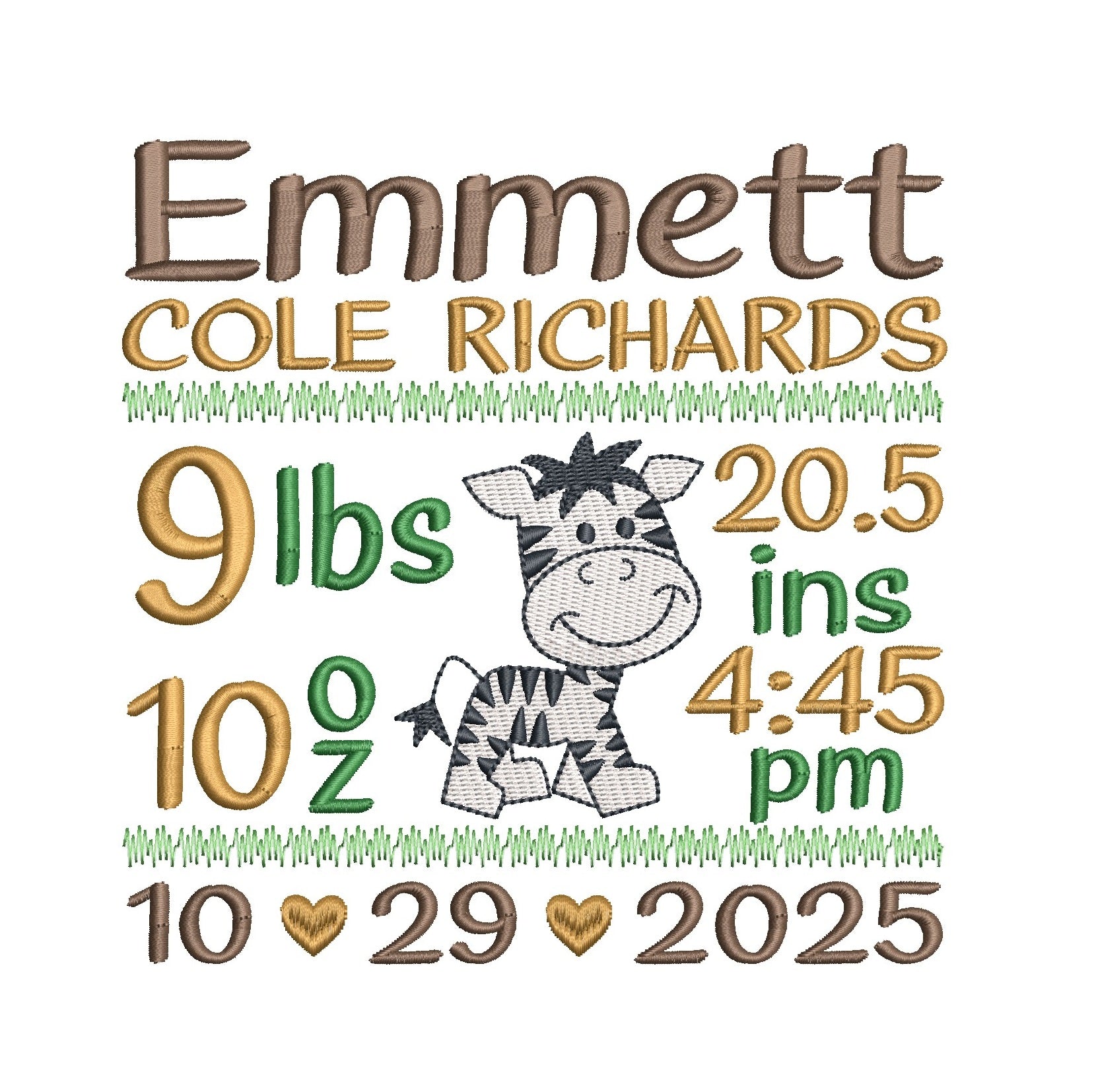 Baby birth announcement design with zebra illustration and text on a white background