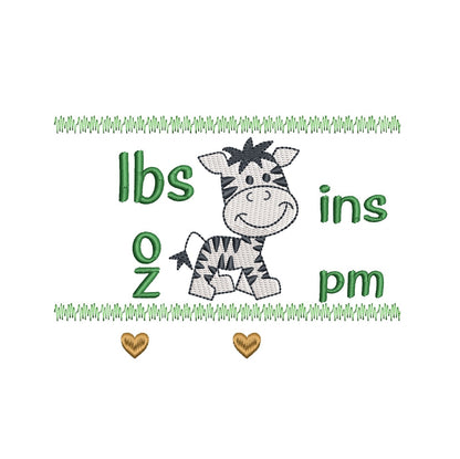 Zebra design with measurement text 'lbs oz ins pm' on a white background
