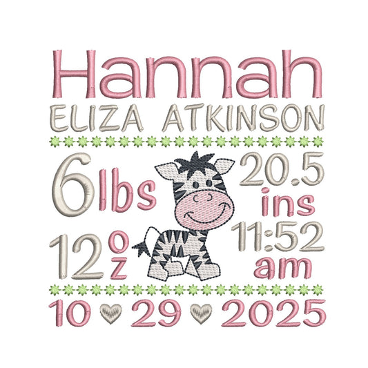 Baby Birth Announcement -Custom Embroidery Design by rosiedayembroidery.com