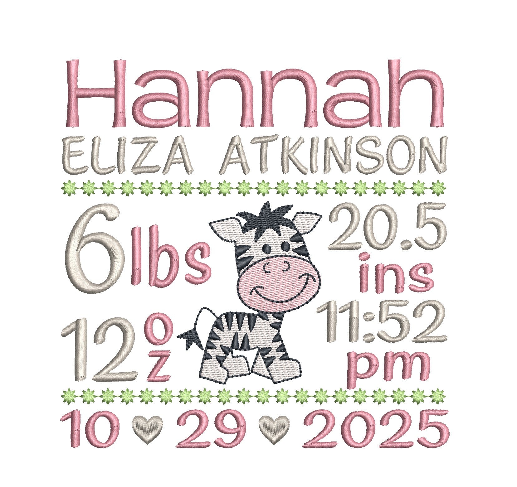 Baby Birth Announcement -Custom Embroidery Design by rosiedayembroidery.com