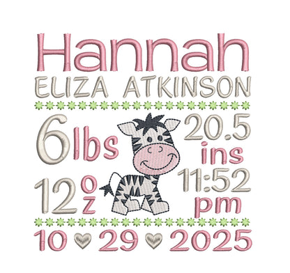 Baby Birth Announcement -Custom Embroidery Design by rosiedayembroidery.com