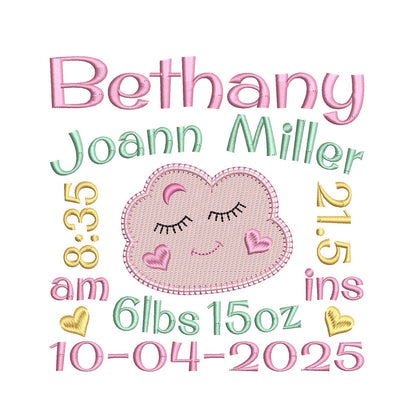 Baby birth announcement machine embroidery design by rosiedayembroidery.com