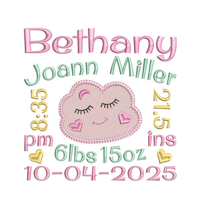 Baby birth announcement machine embroidery design by rosiedayembroidery.com