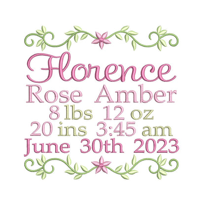 Baby birth announcement machine embroidery design by rosiedayembroidery.com