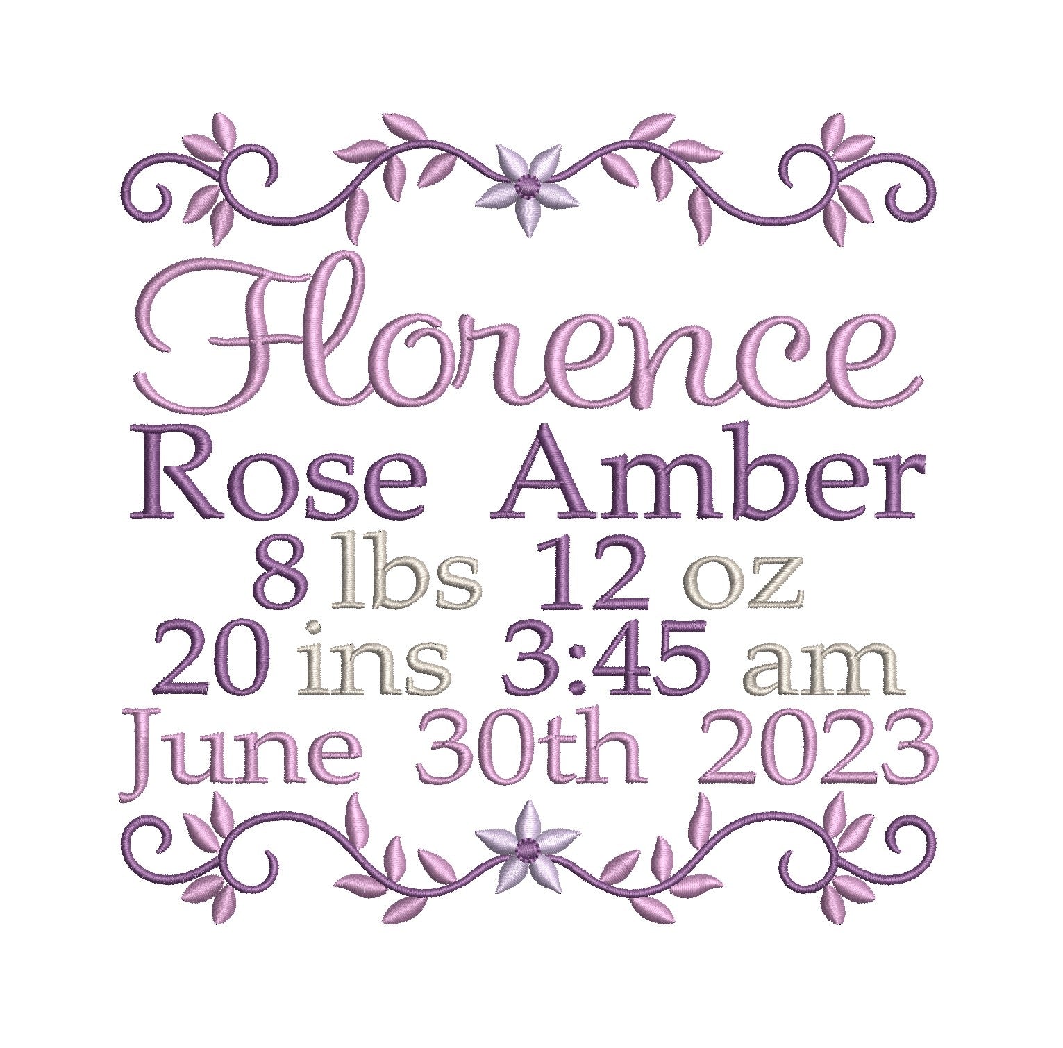 Baby birth announcement machine embroidery design by rosiedayembroidery.com