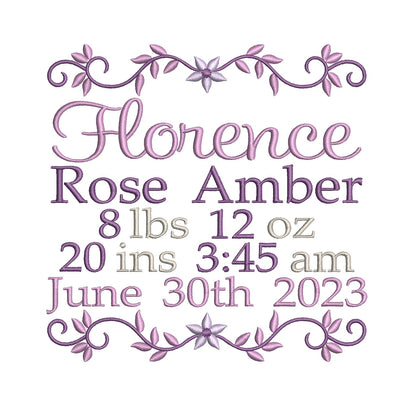 Baby birth announcement machine embroidery design by rosiedayembroidery.com