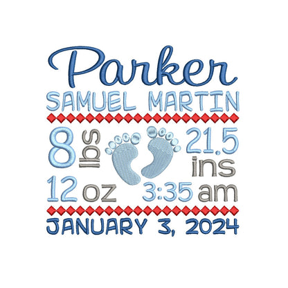 Baby birth announcement machine embroidery design by rosiedayembroidery.com