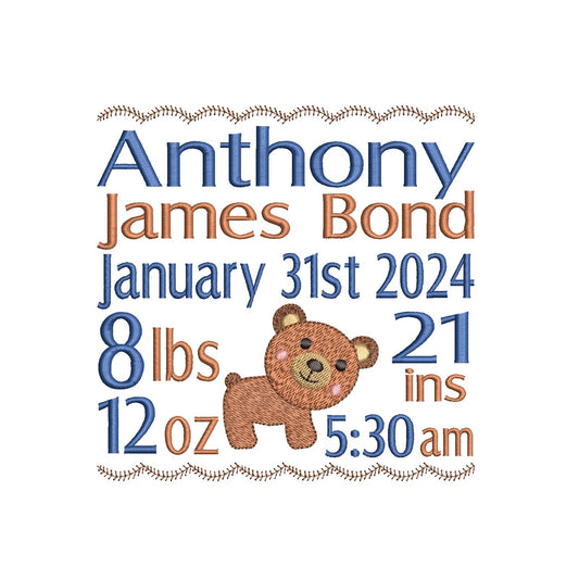 Baby Birth Announcement -Custom Embroidery Design by rosiedayembroidery.com