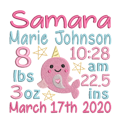 Baby girl birth announcement -custom embroidery design by rosiedayembroidery.com