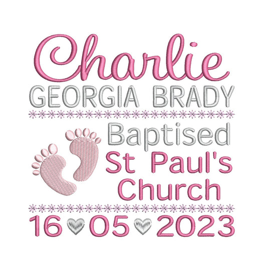 Baptism Announcement - Customised machine embroidery design by rosiedayembroidery.com