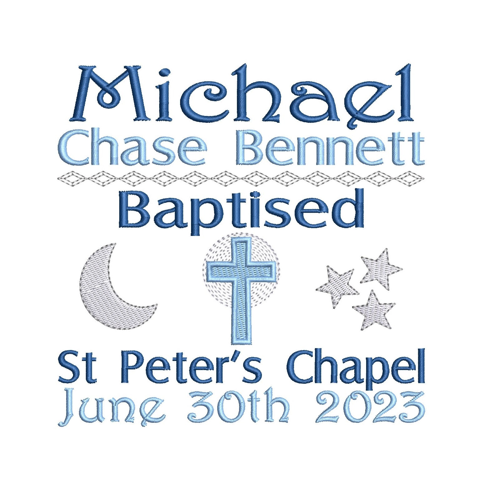 Baptism Announcement - Customised machine embroidery design by rosiedayembroidery.com