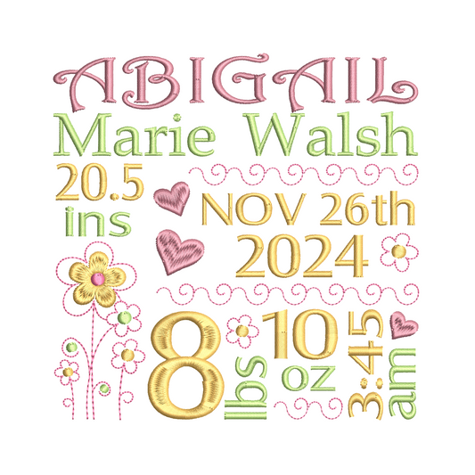 Baby birth announcement machine embroidery design by rosiedayembroidery.com