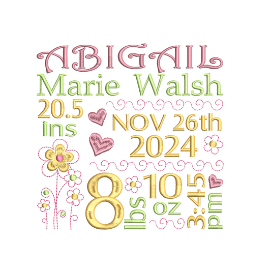 Baby birth announcement machine embroidery design by rosiedayembroidery.com