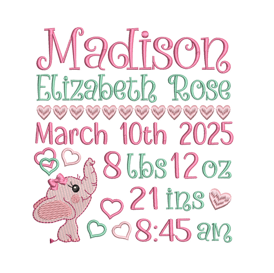 Baby birth announcement machine embroidery design by rosiedayembroidery.com