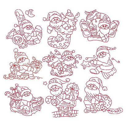 Christmas Santas Set - redwork machine embroidery designs by embroiderytree.com