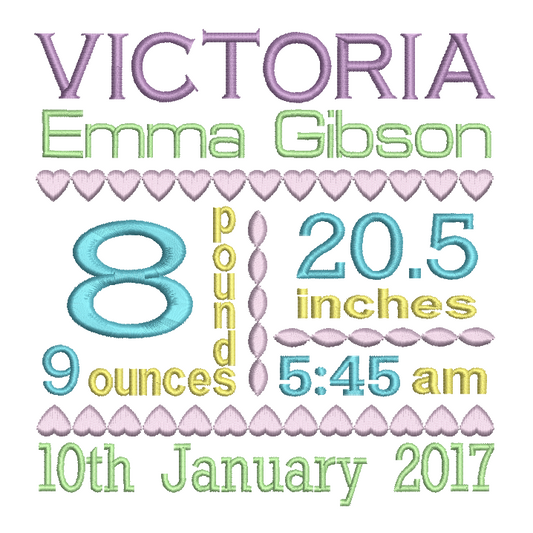 Baby Birth Announcement -Custom Embroidery Design by rosiedayembroidery.com