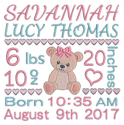 Baby birth announcement template machine embroidery design by rosiedayembroidery.com