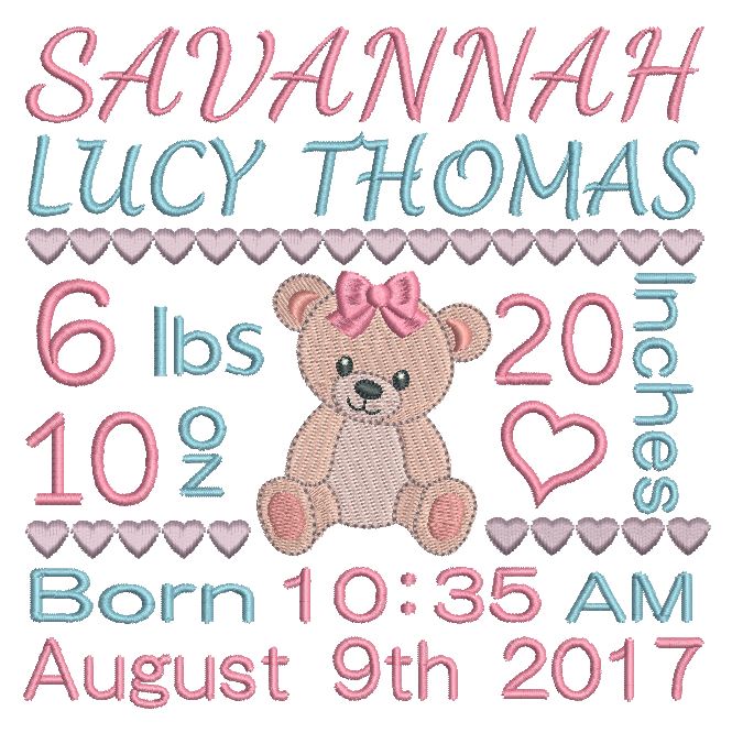 Baby girl birth announcement -custom embroidery design by rosiedayembroidery.com