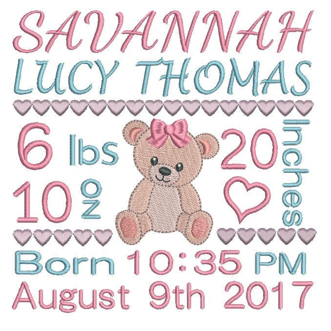 Baby birth announcement template machine embroidery design by rosiedayembroidery.com
