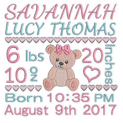 Baby birth announcement template machine embroidery design by rosiedayembroidery.com