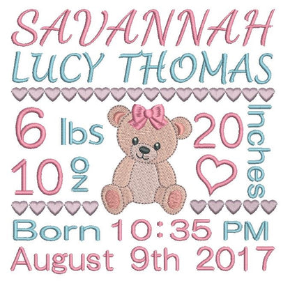Baby girl birth announcement -custom embroidery design by rosiedayembroidery.com