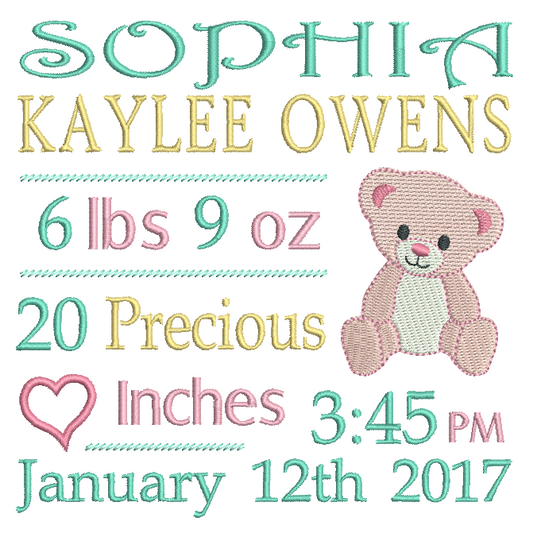 Baby Birth Announcement -Custom Embroidery Design by embroiderytree.com