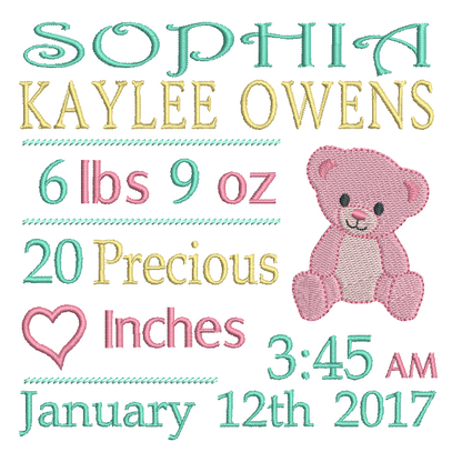 Baby Birth Announcement -Custom Embroidery Design by embroiderytree.com