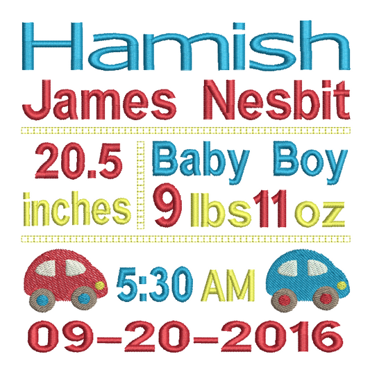 Baby Birth Announcement -Custom Embroidery Design by embroiderytree.com