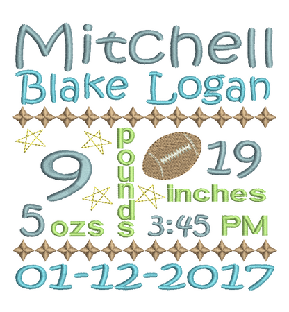 Baby Birth Announcement -Custom Embroidery Design by embroiderytree.com