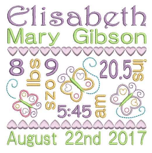 Baby Birth Announcement -Customised Machine Embroidery Design by rosiedayembroidery.com