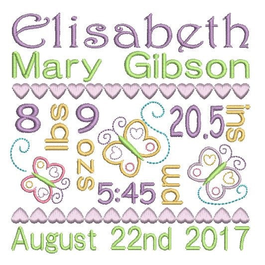 Baby Birth Announcement -Customised Machine Embroidery Design by rosiedayembroidery.com