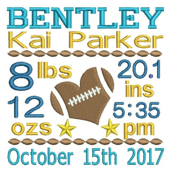 Baby boy birth announcement -custom embroidery design by rosiedayembroidery.com