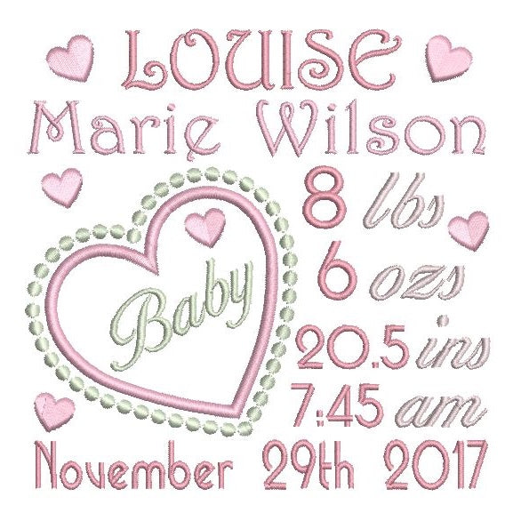 Baby birth announcement template machine embroidery design by rosiedayembroidery.com