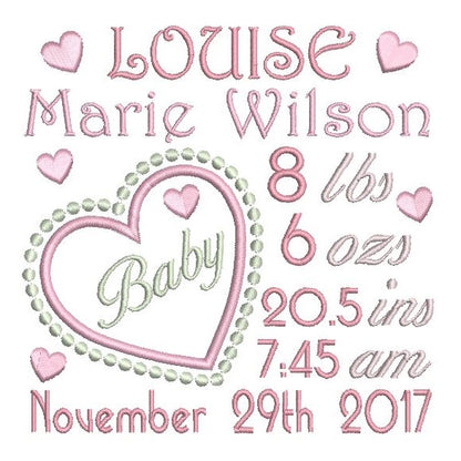 Baby birth announcement template machine embroidery design by rosiedayembroidery.com
