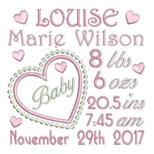 Baby birth announcement template machine embroidery design by rosiedayembroidery.com