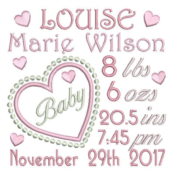 Baby birth announcement template machine embroidery design by rosiedayembroidery.com