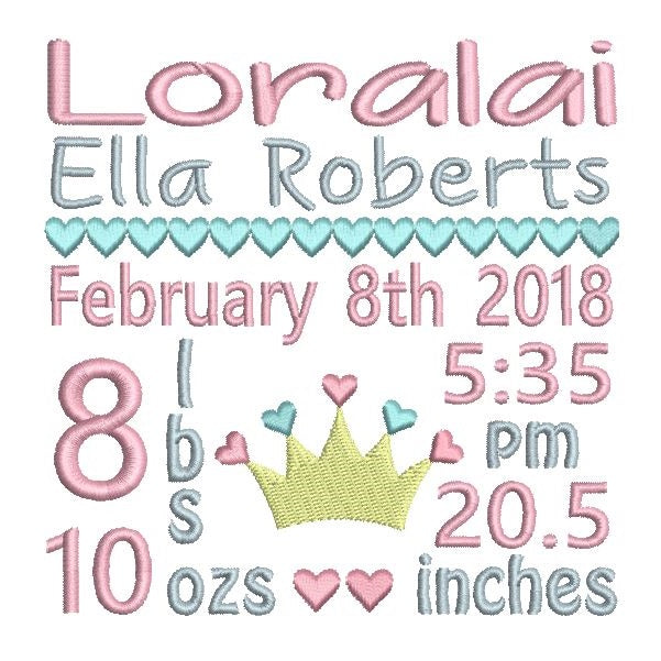 Baby girl birth announcement -custom embroidery design by rosiedayembroidery.com