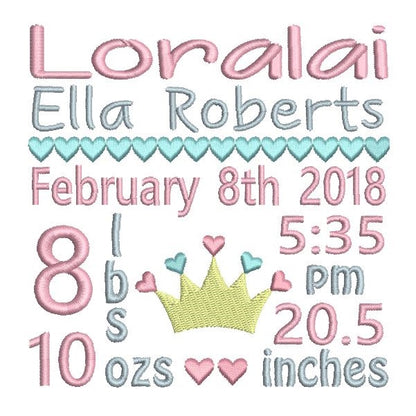 Baby girl birth announcement -custom embroidery design by rosiedayembroidery.com