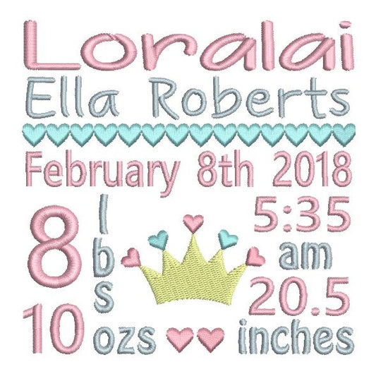 Baby girl birth announcement -custom embroidery design by rosiedayembroidery.com