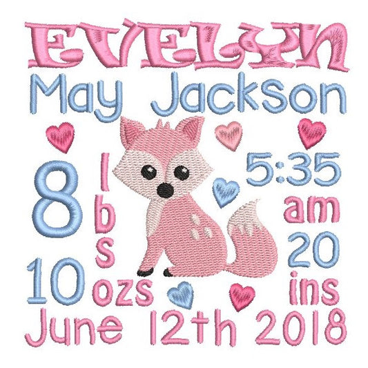 Baby girl birth announcement -custom embroidery design by rosiedayembroidery.com