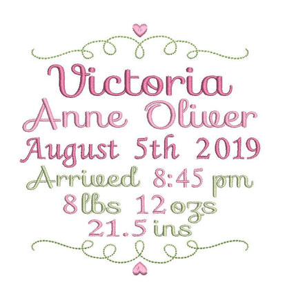 Baby birth announcement machine embroidery design by rosiedayembroidery.com