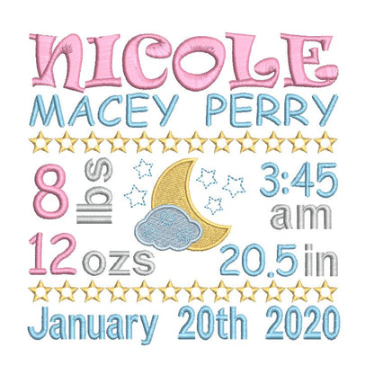 Baby birth announcement template machine embroidery design by rosiedayembroidery.com
