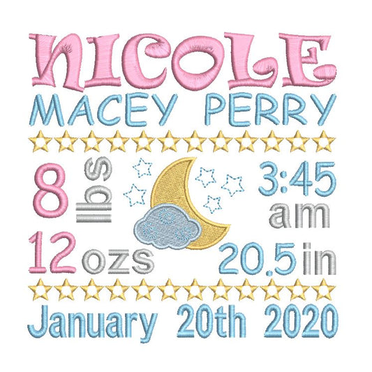 Baby birth announcement template machine embroidery design by rosiedayembroidery.com