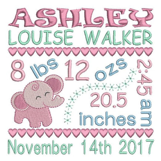 Baby girl birth announcement -custom embroidery design by rosiedayembroidery.com